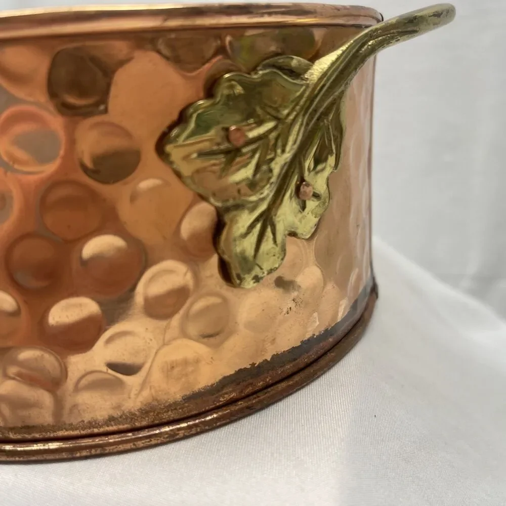 Hammered Copper Casserole Candle Ring Holder Brass Leaves 6.5